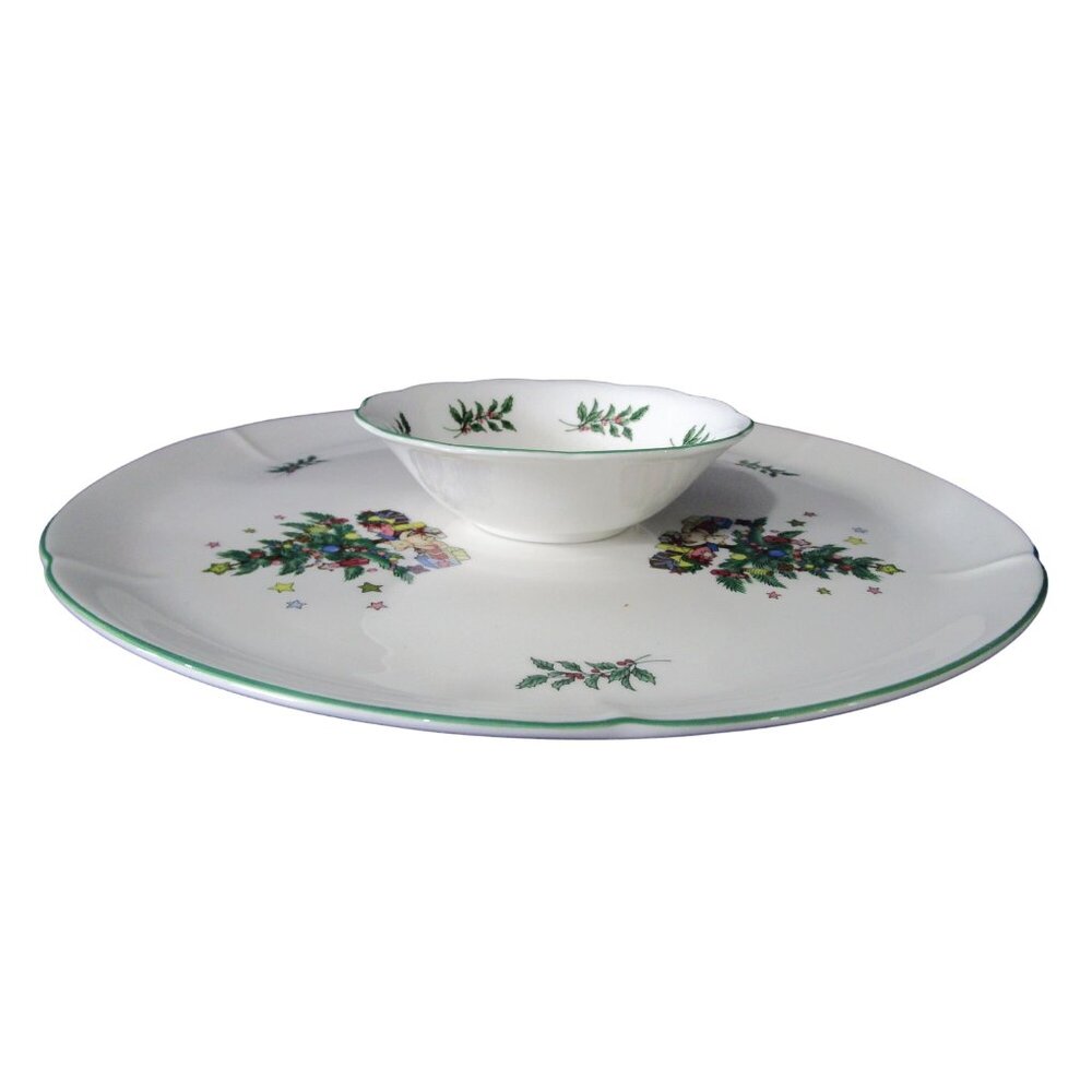 Chip and Dip Tray Happy Holidays Christmas Vintage Tree Pattern  Nikko Japan - Picture 3 of 13
